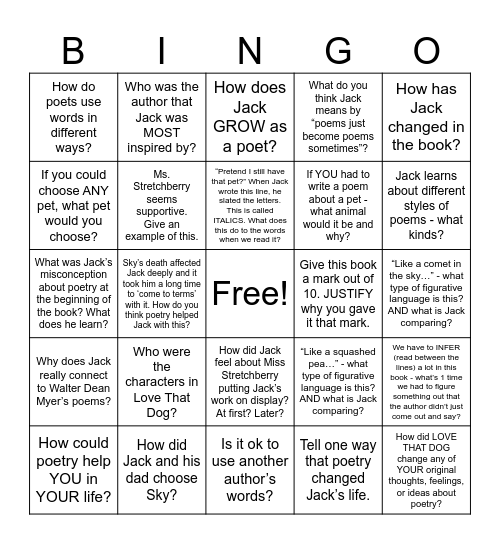 LOVE THAT DOG Bingo Card