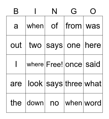 Heart Words Bingo Card