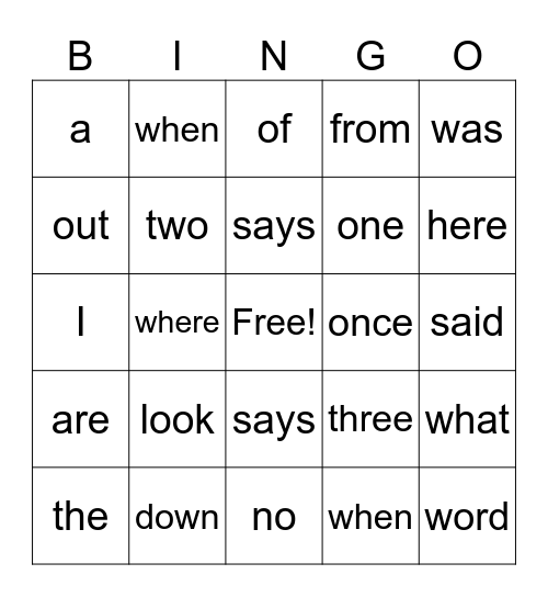 Heart Words Bingo Card