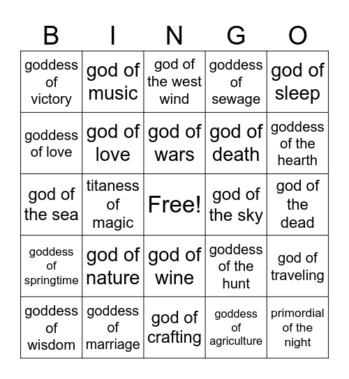 Mythology Bingo Card