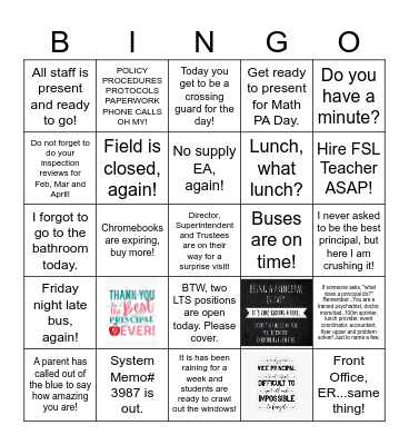THE JOYS OF PRINCIPALSHIP Bingo Card