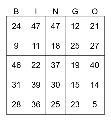 Numbers Bingo 1-50 Bingo Card