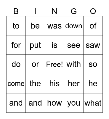 Red Words 1 Bingo Card