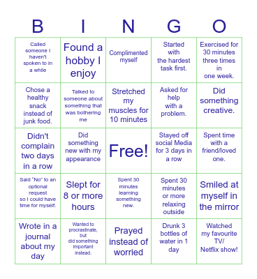 Our Family Mental Health Bingo Card