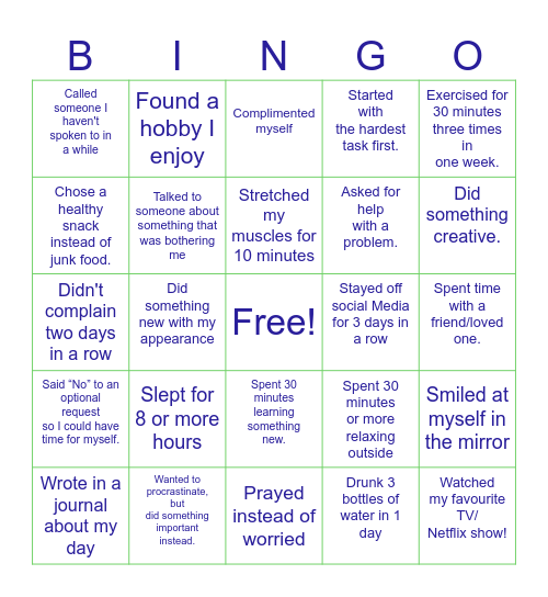 Our Family Mental Health Bingo Card