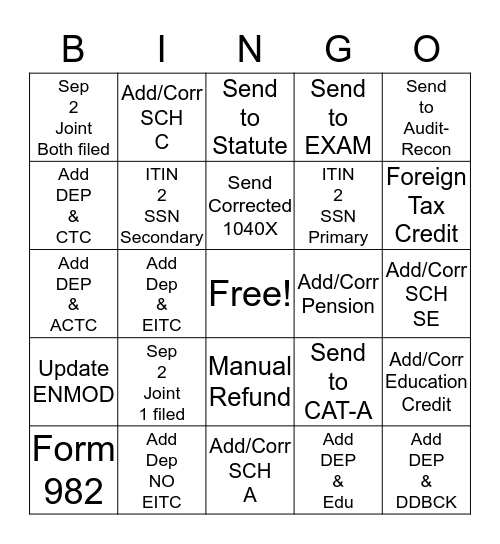 1040X Bingo Card