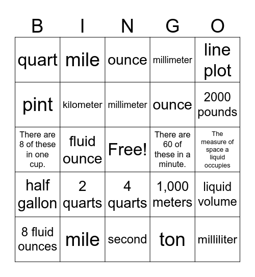 Go Math Measurement Vocabulary Bingo C12 Bingo Card