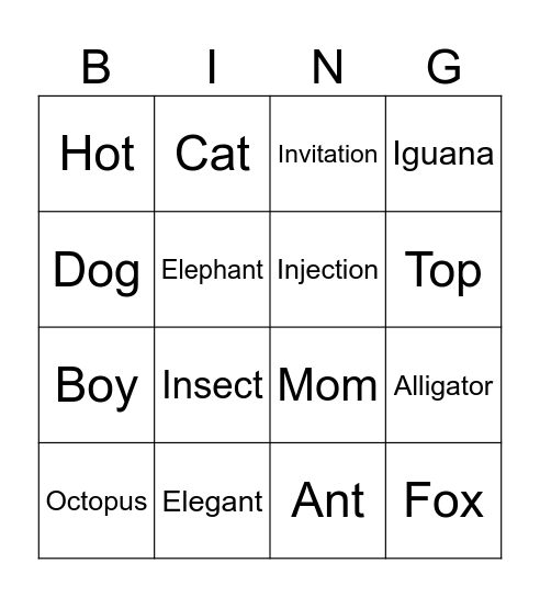 Short sounds Bingo Card
