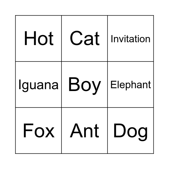 Short sounds Bingo Card