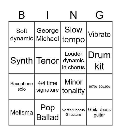 Careless Whisper Bingo Card