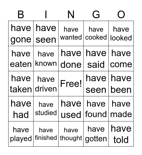 Present Perfect Bingo 2 Bingo Card