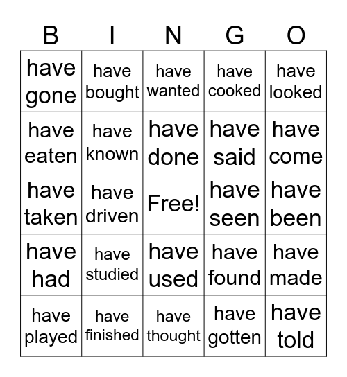 present perfect tense Bingo Card