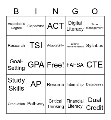 College Readiness Bingo Card