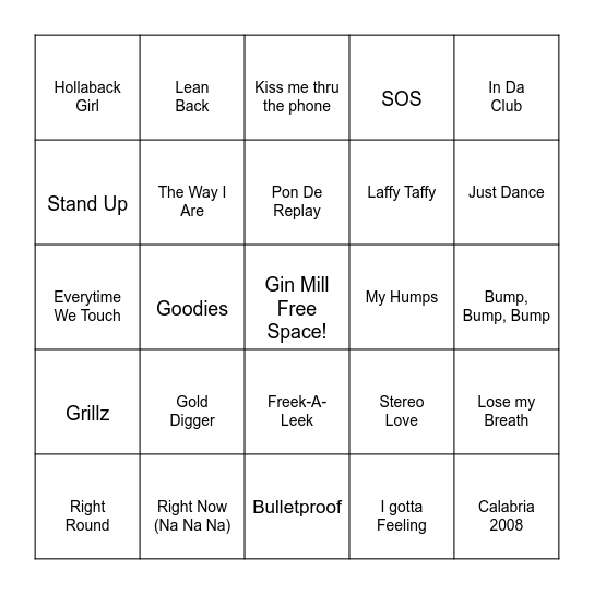 2000's Party Hits Bingo Card