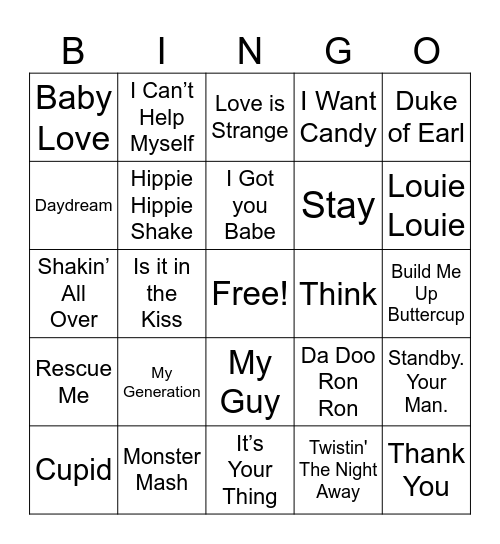 60’s Bingo Card