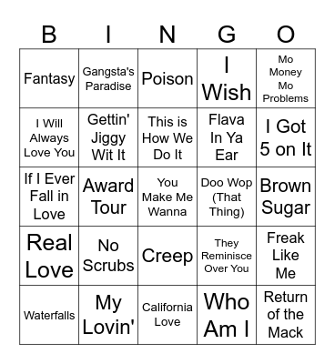 90's R&B/Hip-Hop Game 1 Bingo Card