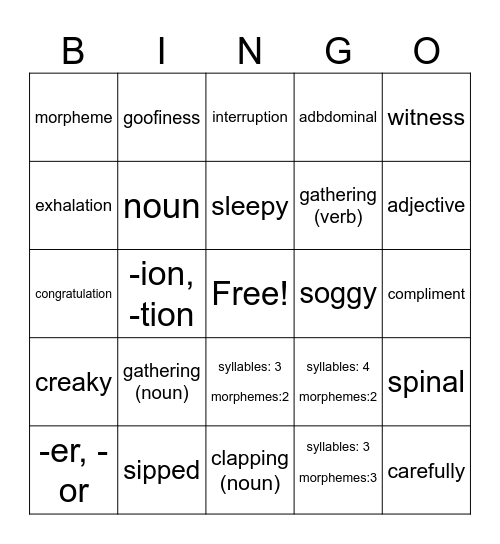 Morpheme Bingo Card