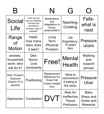 Problems with immobility Bingo Card
