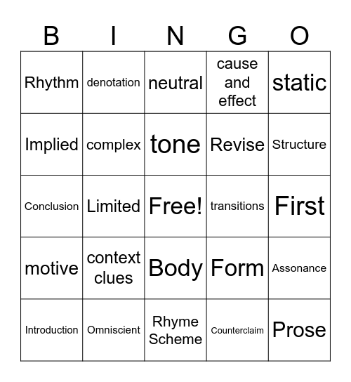 Englo-Bingo II Bingo Card