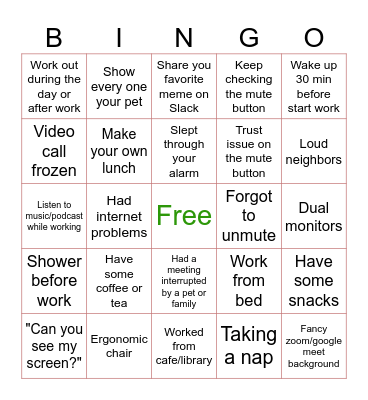 WFH Bingo!!! Bingo Card