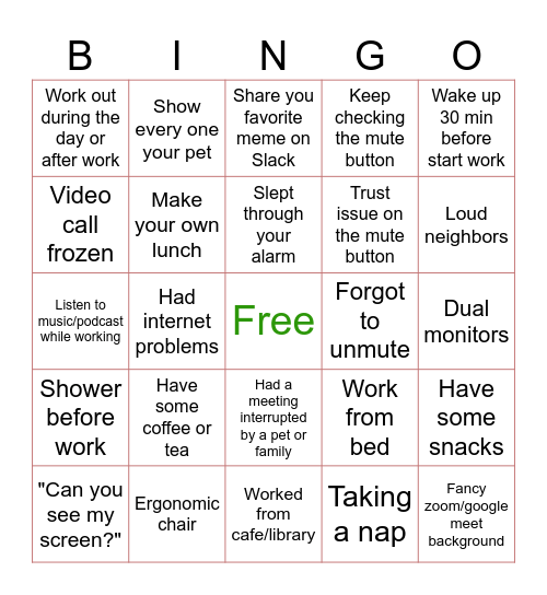WFH Bingo!!! Bingo Card