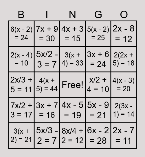 Find the X Bingo Card