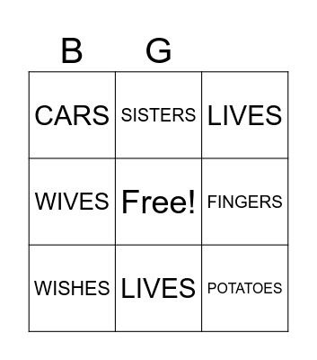 PLURAL NOUNS Bingo Card