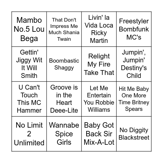 Musical Bingo Card
