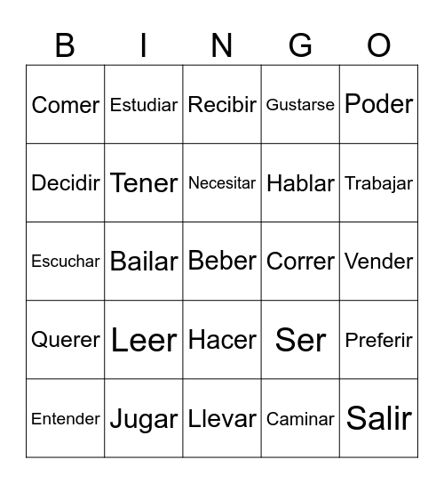 Verbos Bingo Card