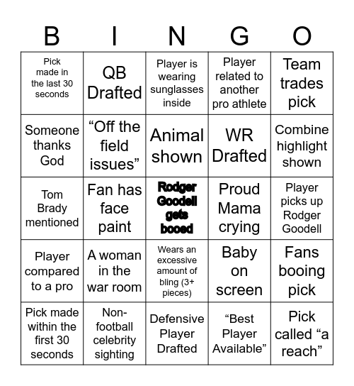 Football Draft Bingo Card