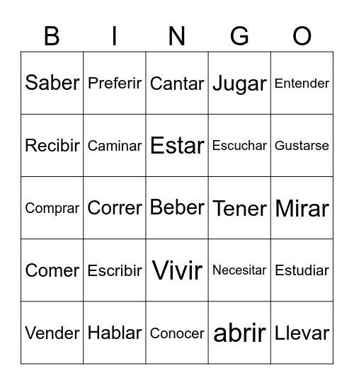 Verbs Bingo Card