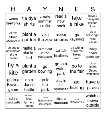 HAYNES FAMILY SUMMER 2024 BINGO Card