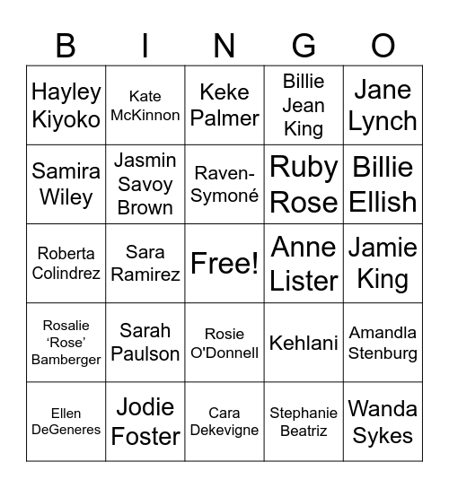 Lesbian Celebrity Bingo Card