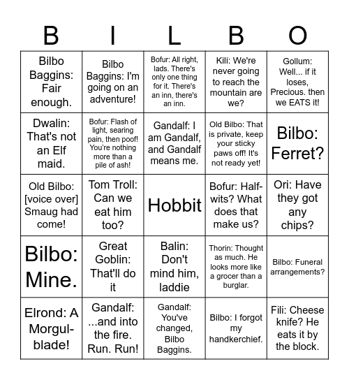 An Unexpected Journey Bingo Card