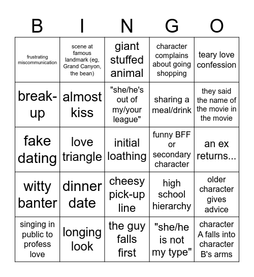 Rom-Com Bingo Card