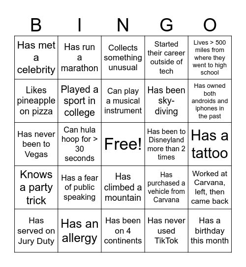 When completed, submit to a team member wearing a spinning hat Bingo Card
