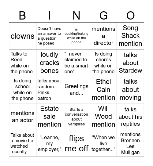 Rhydian's Stupid Bingo Board Bingo Card