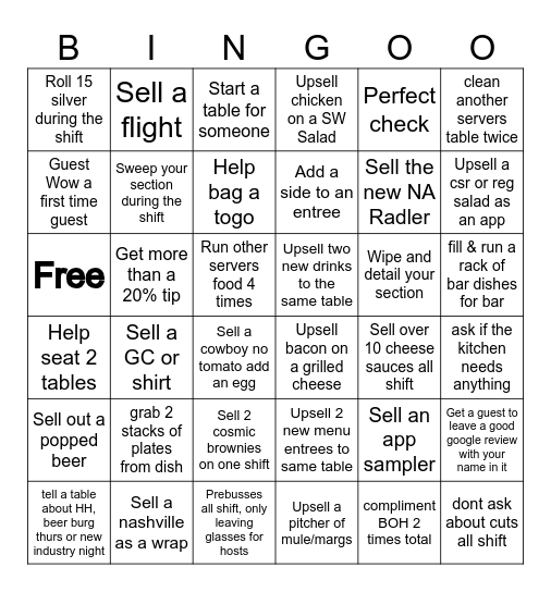Server Bingo Thurs - Sat Bingo Card