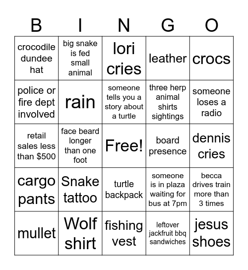 Snakes and Lizards and Frogs Bingo Card