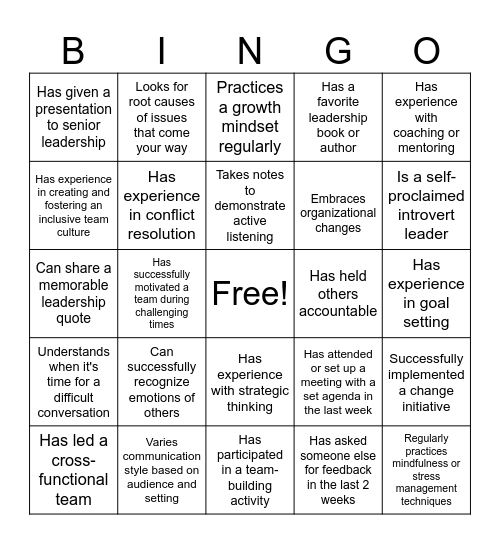 Leadership Bingo Card