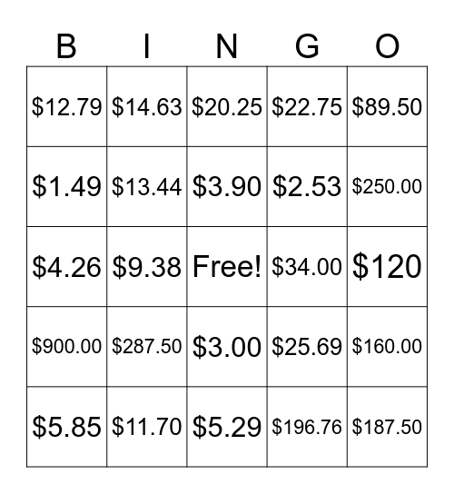 Sales Tax, Discount, & Tip BINGO Card