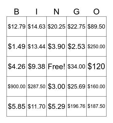Sales Tax, Discount, & Tip BINGO Card