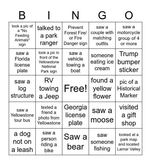 Yellowstone Bingo Card