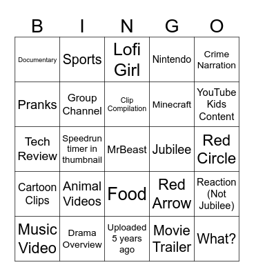 YouTube Bingo Card