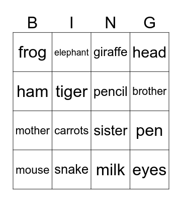 Tiger & Friends Bingo Card