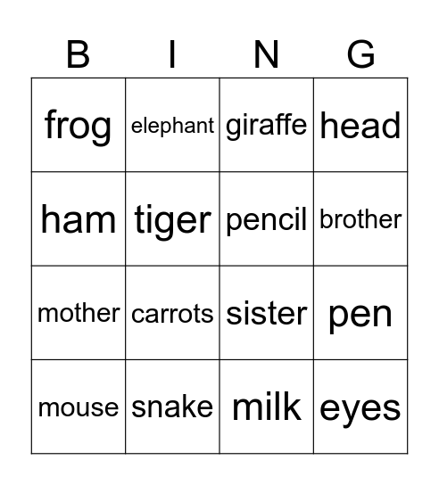 Tiger & Friends Bingo Card