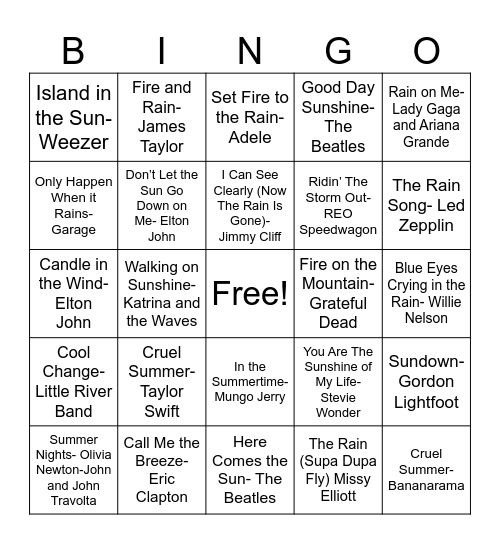 Weather Bingo Card