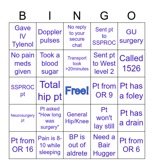 PACU Bingo Card