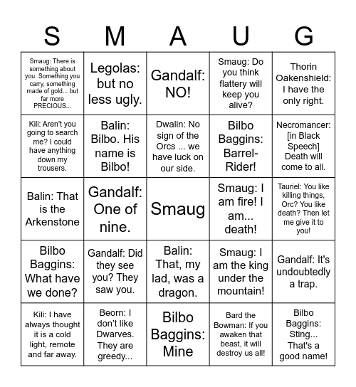 Desolation of Smaug Bingo Card