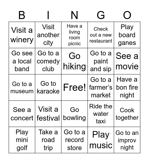 Fun Date Bingo Card